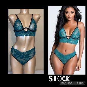 Yandy women’s lingerie Large bra panty teal black lace underwire sexy intimate